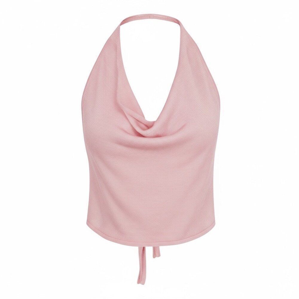 New Aya Muse Cinnabar Knit Tied Draped Halter Crop Top XXS Light Pink